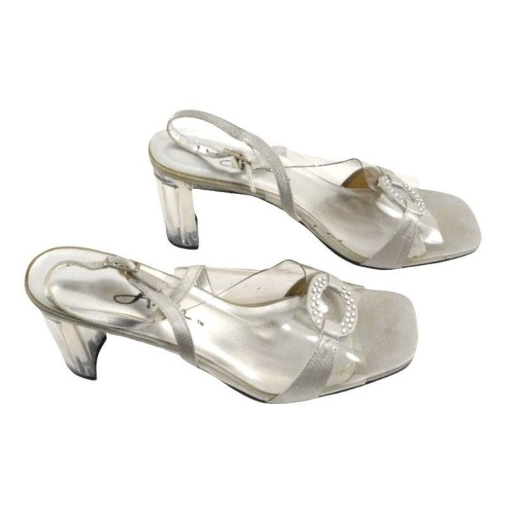 Annie Chance Silver Satin Slingbacks Rhinestone Clear Heels 8.5M Y2K Glam! - Picture 3 of 9